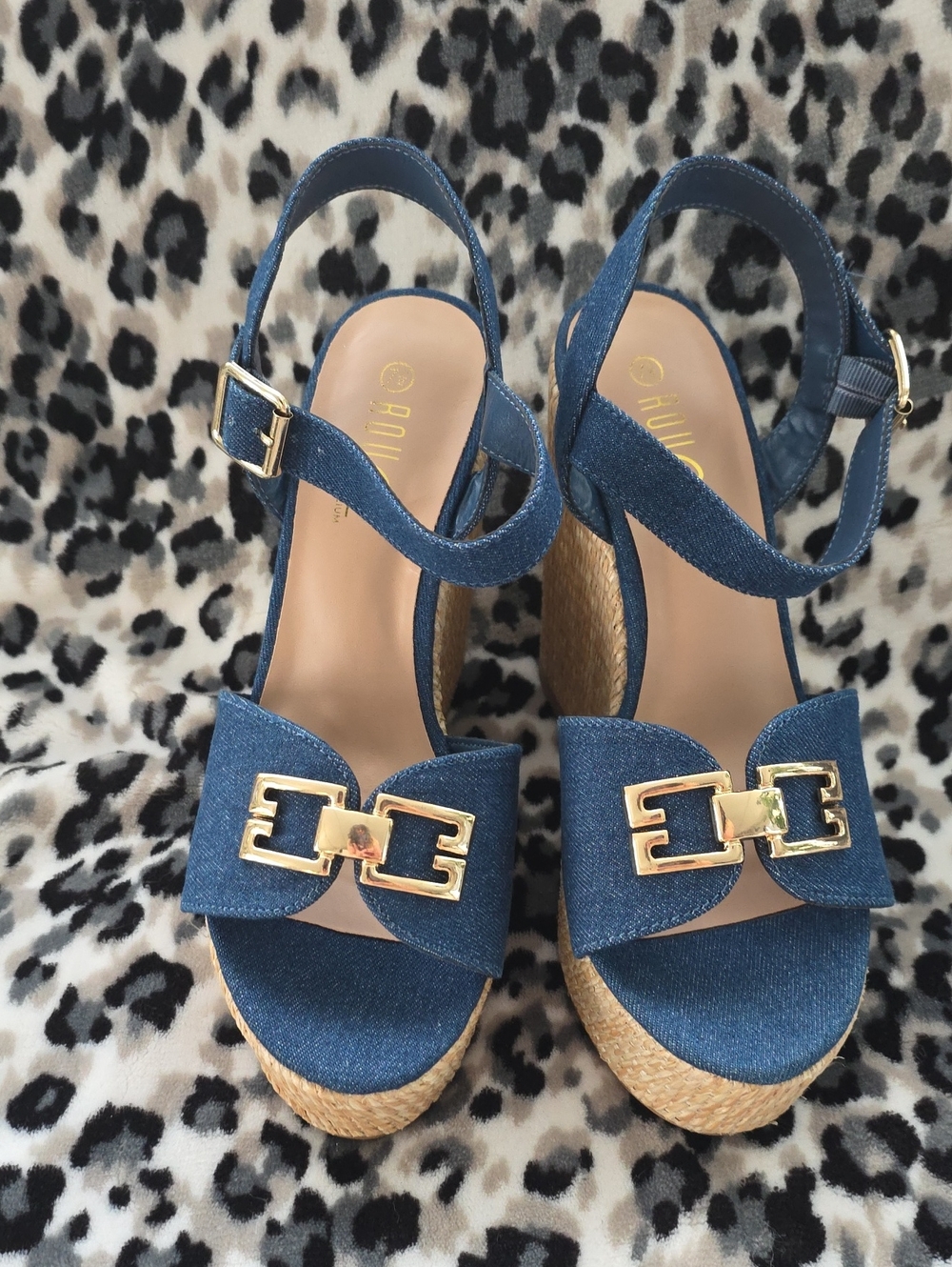 Rouge! Denim Blue Wedge Sandals with Gold Buckle